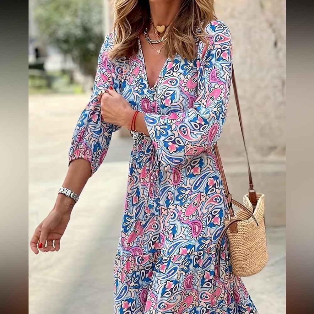 Paisley print V neck dress, boho long sleeves